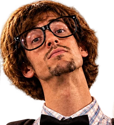 Personagem realista de IA: rapaz de cabelo cacheado, óculos grandes, cavanhaque e gravata-borboleta